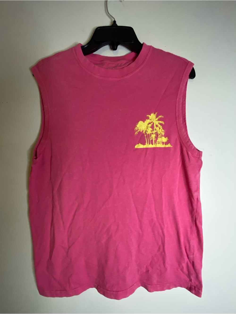 Original Use Hot Pink Muscle Tee with Yellow Palm Print